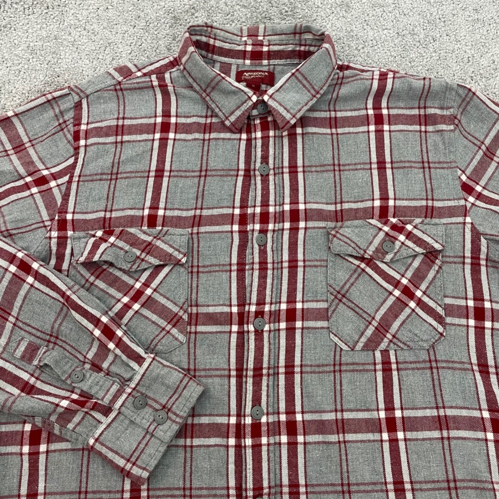 Arizona Shirt Mens XL Plaid Grey Red Button-down Flannel Cotton Cabin Lumberjack